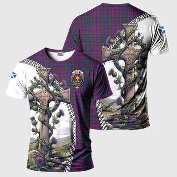 Wardlaw Tartan T-Shirt with Family Crest and St. Andrew's Cross Accented by Thistle Vines