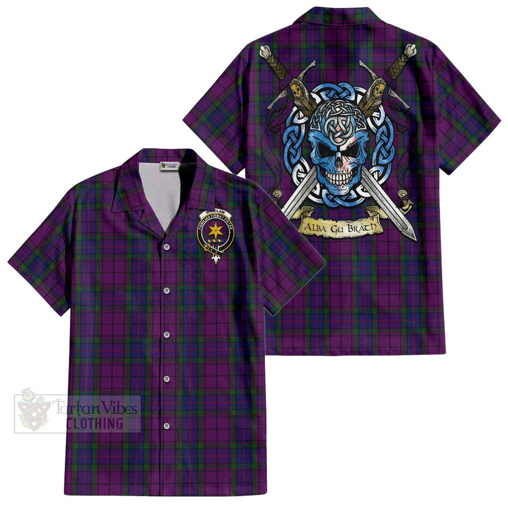 Tartan Vibes Clothing Wardlaw Tartan Short Sleeve Button Shirt with Family Crest Celtic Skull Style