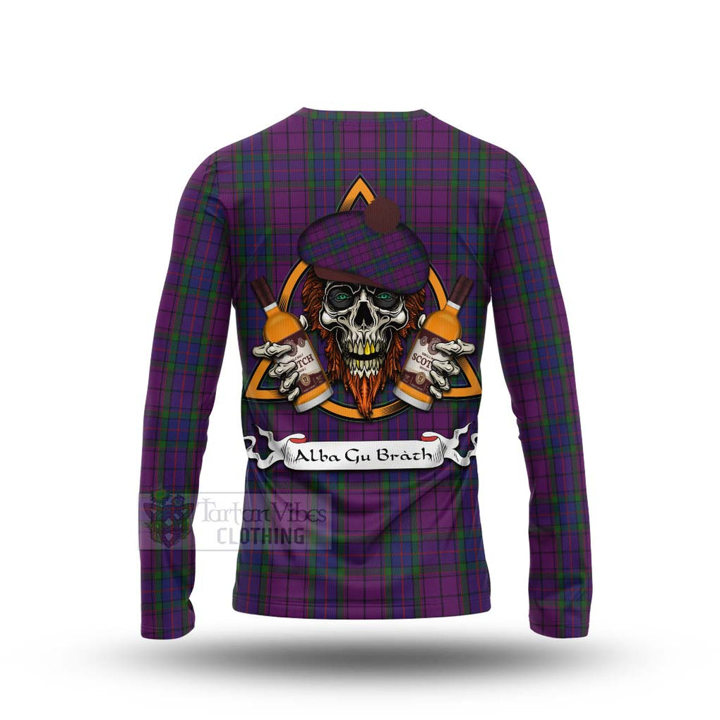 Tartan Vibes Clothing Wardlaw Tartan Long Sleeve T-Shirt with Family Crest and Bearded Skull Holding Bottles of Whiskey