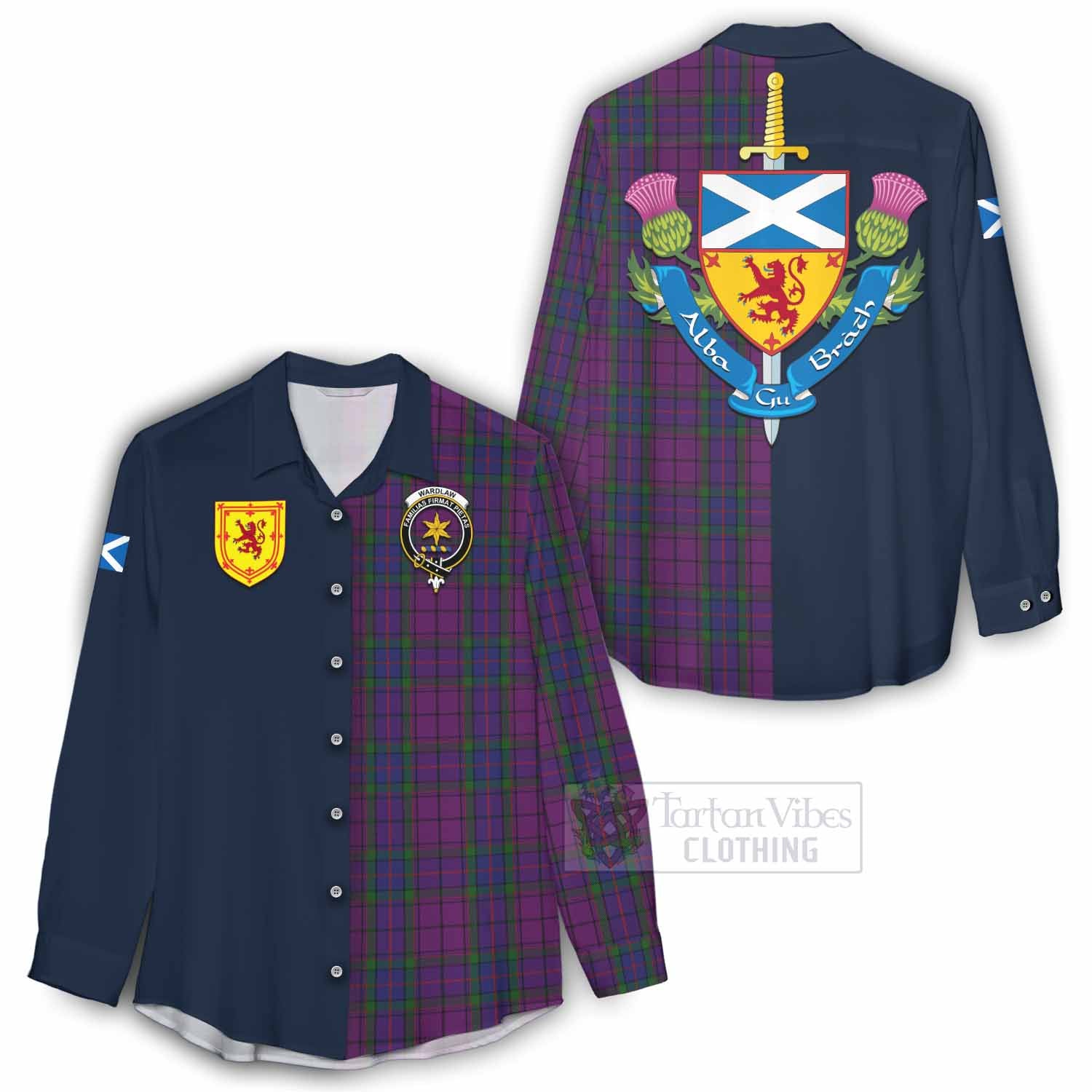 Tartan Vibes Clothing Wardlaw Tartan Women's Casual Shirt Alba with Scottish Lion Royal Arm Half Style