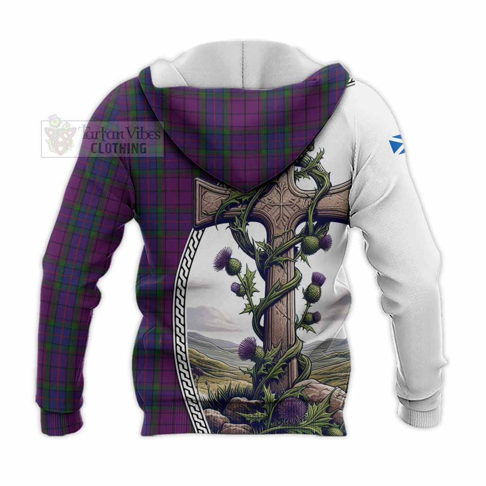 Tartan Vibes Clothing Wardlaw Tartan Knitted Hoodie with Family Crest and St. Andrew's Cross Accented by Thistle Vines