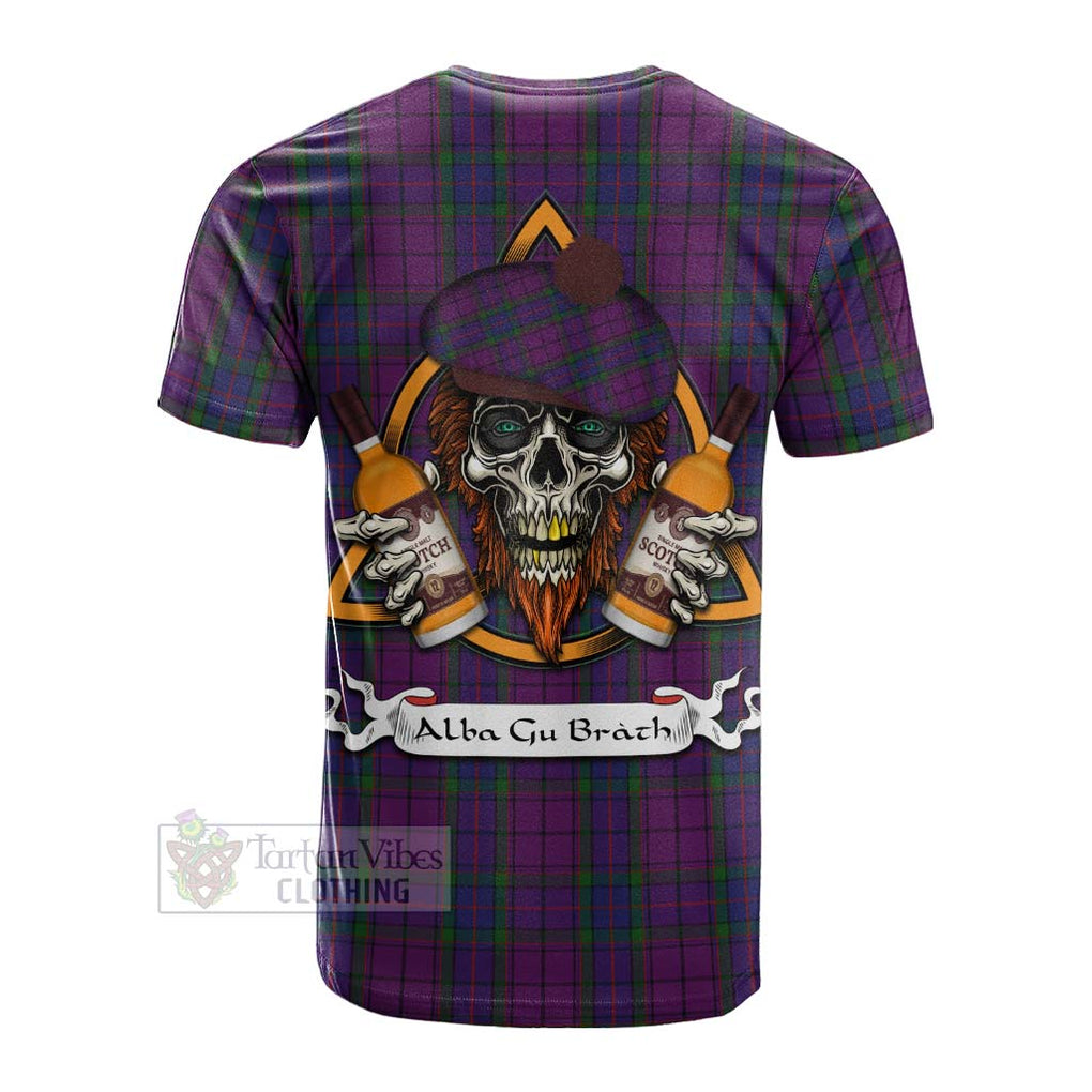 Tartan Vibes Clothing Wardlaw Tartan Cotton T-shirt with Family Crest and Bearded Skull Holding Bottles of Whiskey