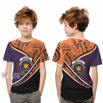 Wardlaw Crest Tartan Kid T-Shirt with Polynesian Vibes Style - Orange Version