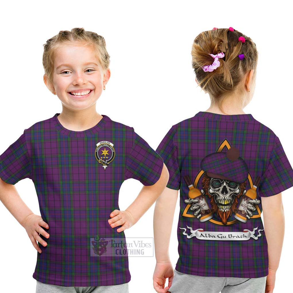 Tartan Vibes Clothing Wardlaw Tartan Kid T-Shirt with Family Crest and Bearded Skull Holding Bottles of Whiskey