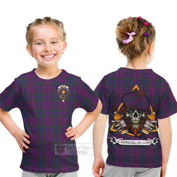 Wardlaw Tartan Kid T-Shirt with Family Crest and Bearded Skull Holding Bottles of Whiskey