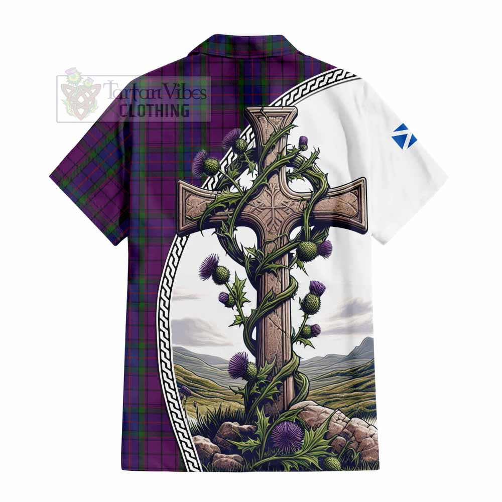 Tartan Vibes Clothing Wardlaw Tartan Short Sleeve Button Shirt with Family Crest and St. Andrew's Cross Accented by Thistle Vines