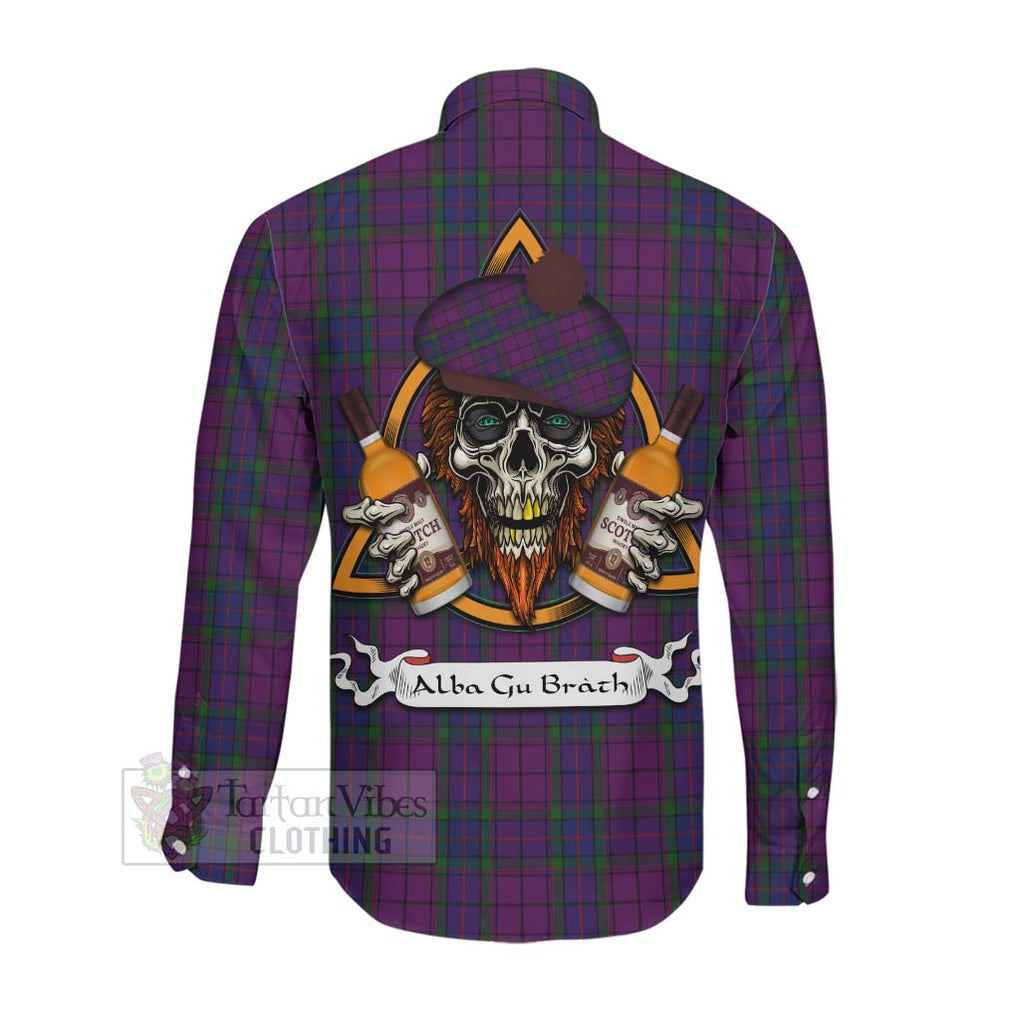 Tartan Vibes Clothing Wardlaw Tartan Long Sleeve Button Shirt with Family Crest and Bearded Skull Holding Bottles of Whiskey