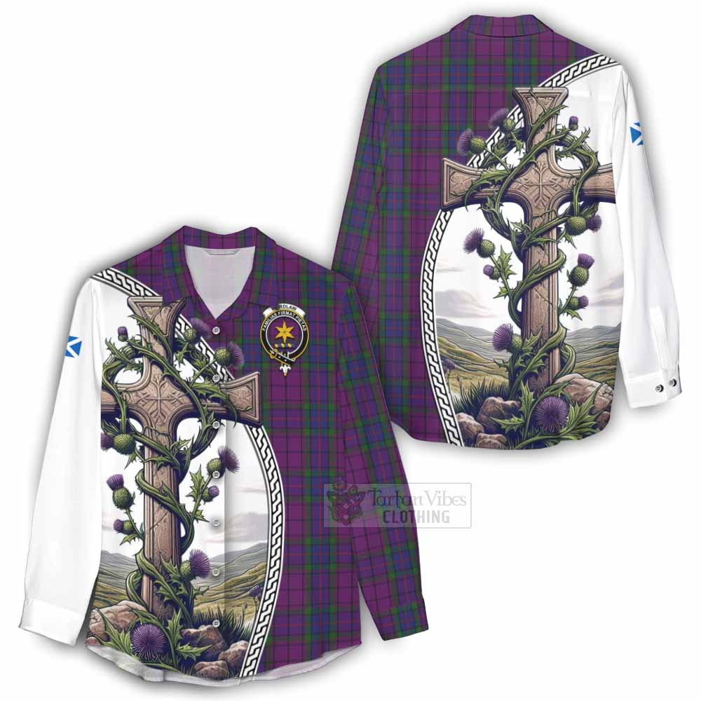 Tartan Vibes Clothing Wardlaw Tartan Women's Casual Shirt with Family Crest and St. Andrew's Cross Accented by Thistle Vines