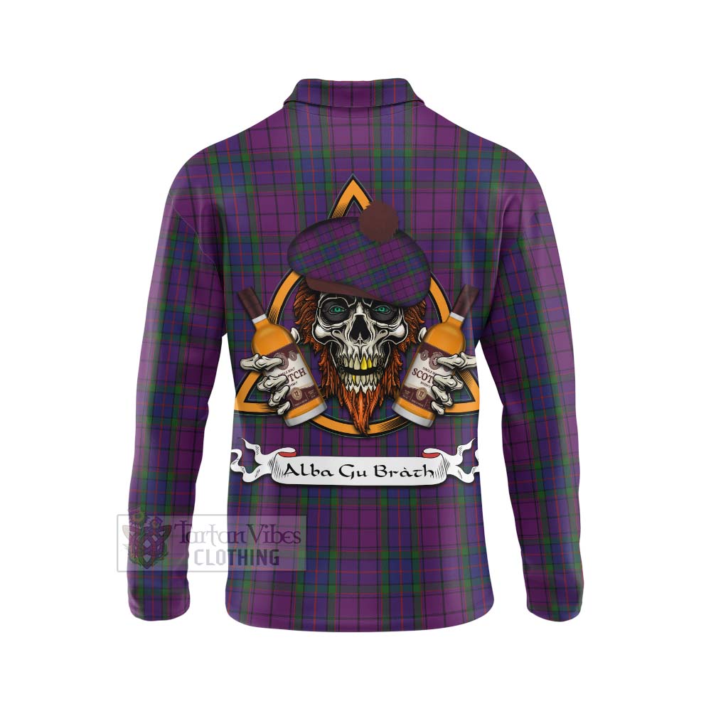 Tartan Vibes Clothing Wardlaw Tartan Long Sleeve Polo Shirt with Family Crest and Bearded Skull Holding Bottles of Whiskey