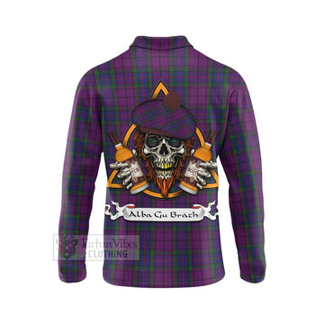 Wardlaw Tartan Long Sleeve Polo Shirt with Family Crest and Bearded Skull Holding Bottles of Whiskey