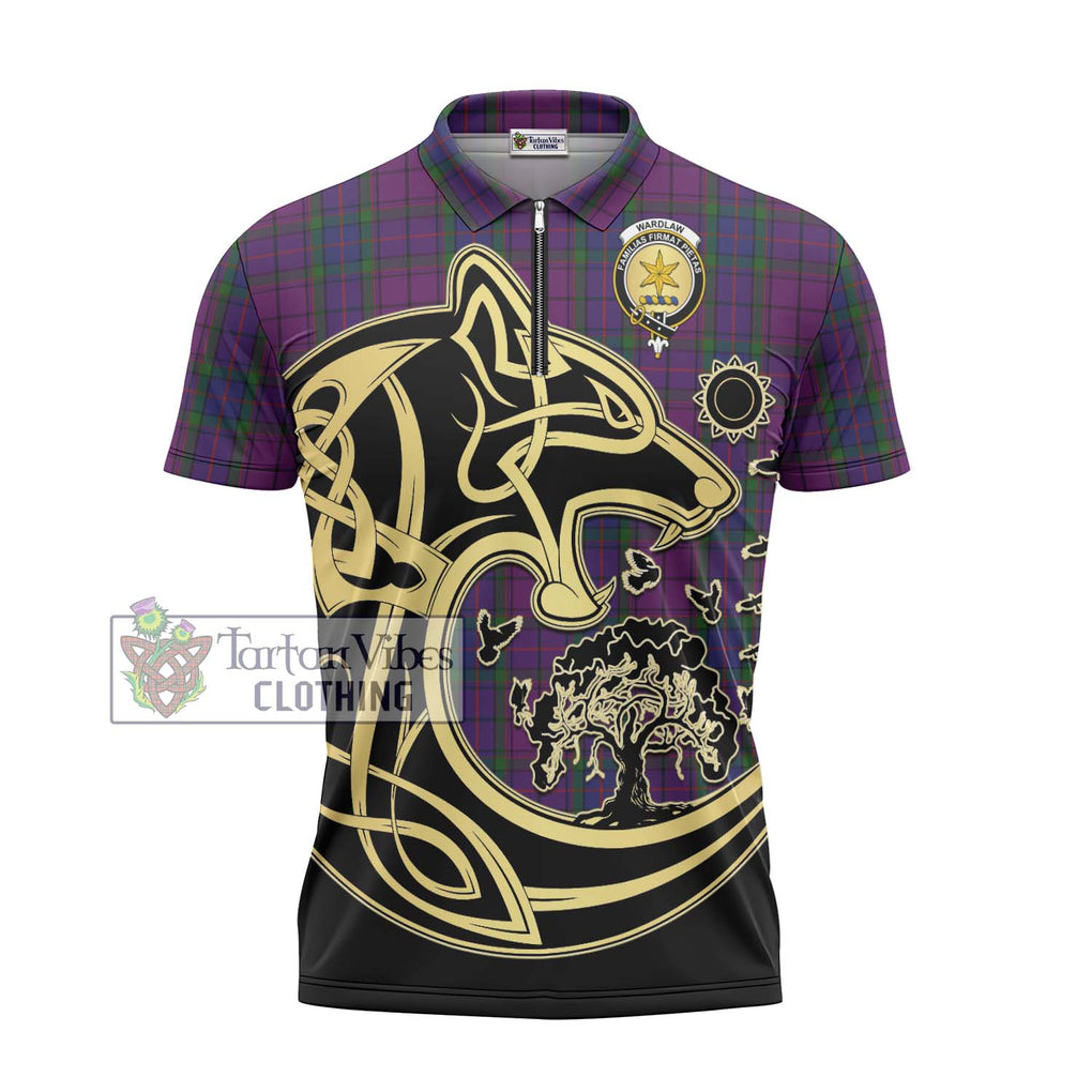 Wardlaw Tartan Zipper Polo Shirt with Family Crest Celtic Wolf Style - Tartanvibesclothing Shop