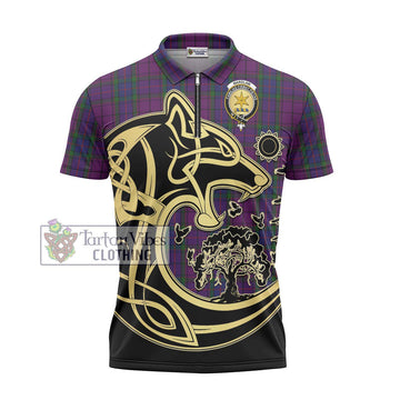 Wardlaw Tartan Zipper Polo Shirt with Family Crest Celtic Wolf Style