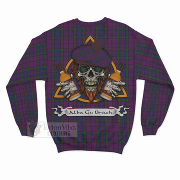 Wardlaw Tartan Sweatshirt with Family Crest and Bearded Skull Holding Bottles of Whiskey