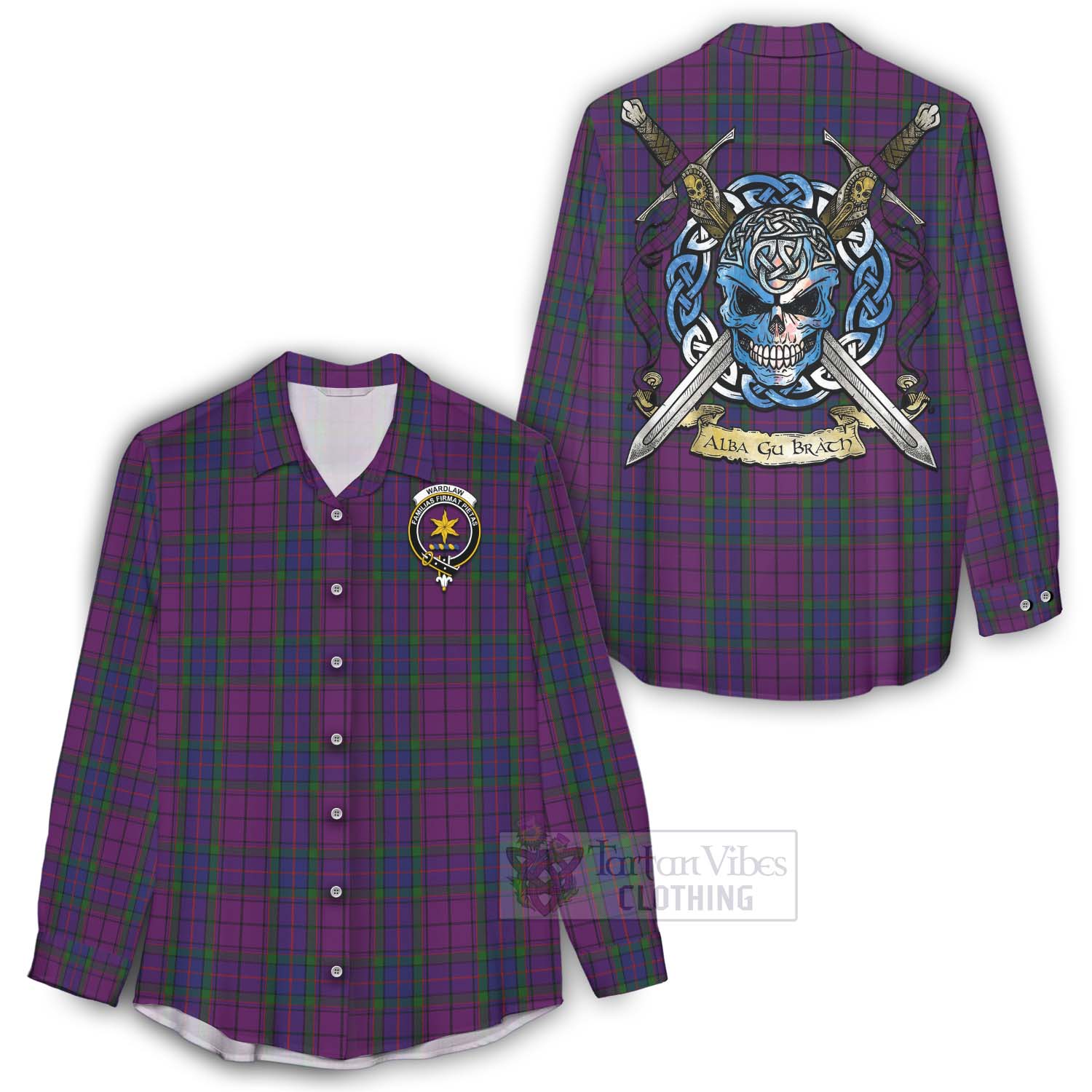 Tartan Vibes Clothing Wardlaw Tartan Women's Casual Shirt with Family Crest Celtic Skull Style