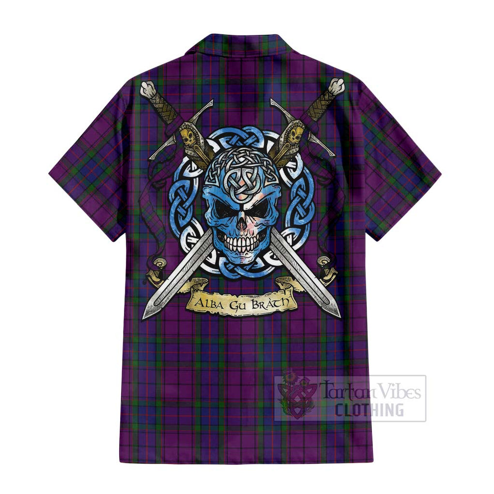 Tartan Vibes Clothing Wardlaw Tartan Short Sleeve Button Shirt with Family Crest Celtic Skull Style