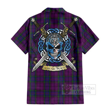 Wardlaw Tartan Short Sleeve Button Shirt with Family Crest Celtic Skull Style