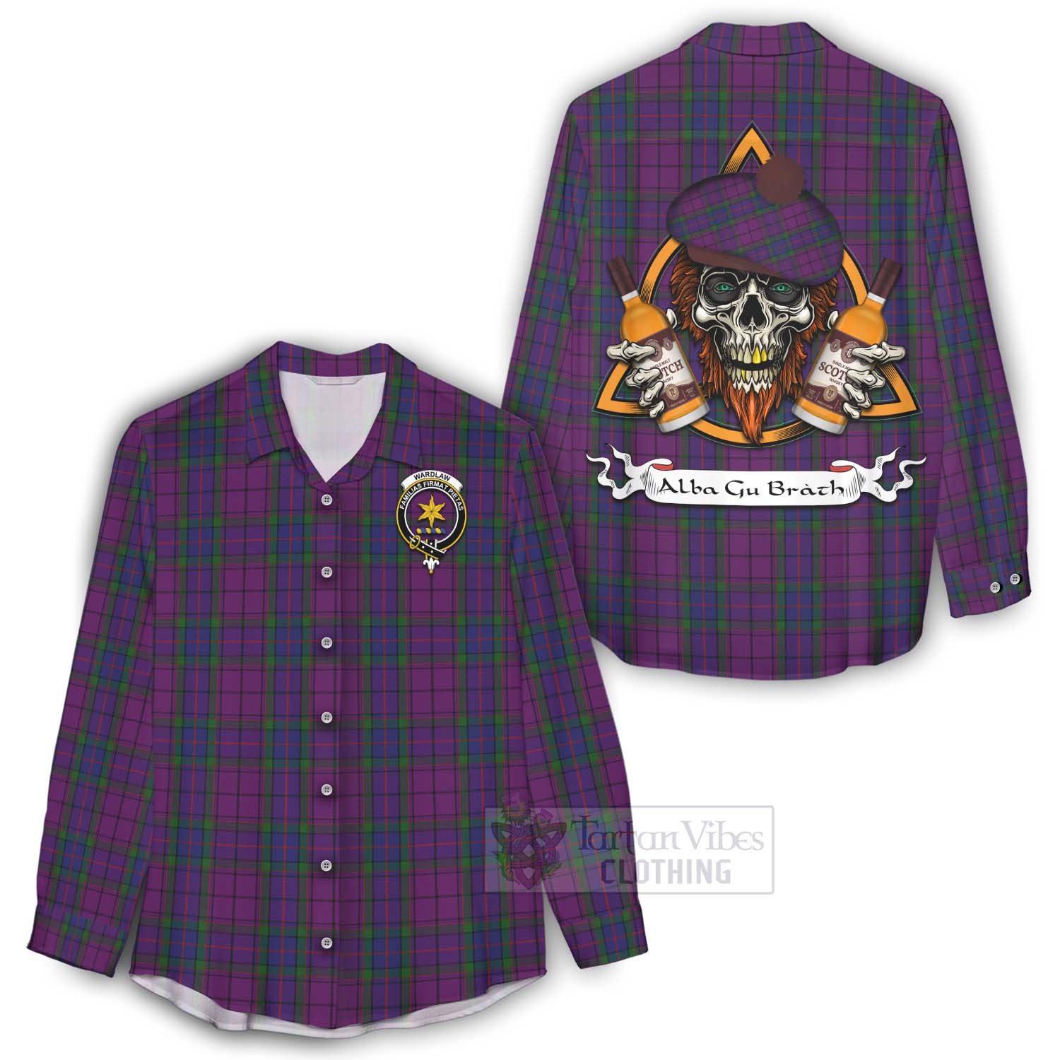 Tartan Vibes Clothing Wardlaw Tartan Women's Casual Shirt with Family Crest and Bearded Skull Holding Bottles of Whiskey