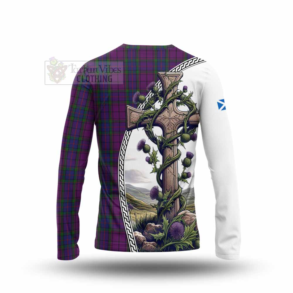 Tartan Vibes Clothing Wardlaw Tartan Long Sleeve T-Shirt with Family Crest and St. Andrew's Cross Accented by Thistle Vines