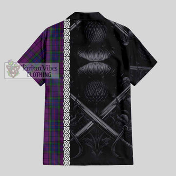 Wardlaw Tartan Short Sleeve Button Shirt with Family Crest Cross Sword Thistle Celtic Vibes