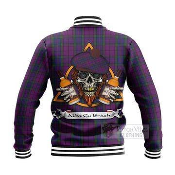 Wardlaw Tartan Baseball Jacket with Family Crest and Bearded Skull Holding Bottles of Whiskey