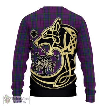 Wardlaw Tartan Knitted Sweater with Family Crest Celtic Wolf Style