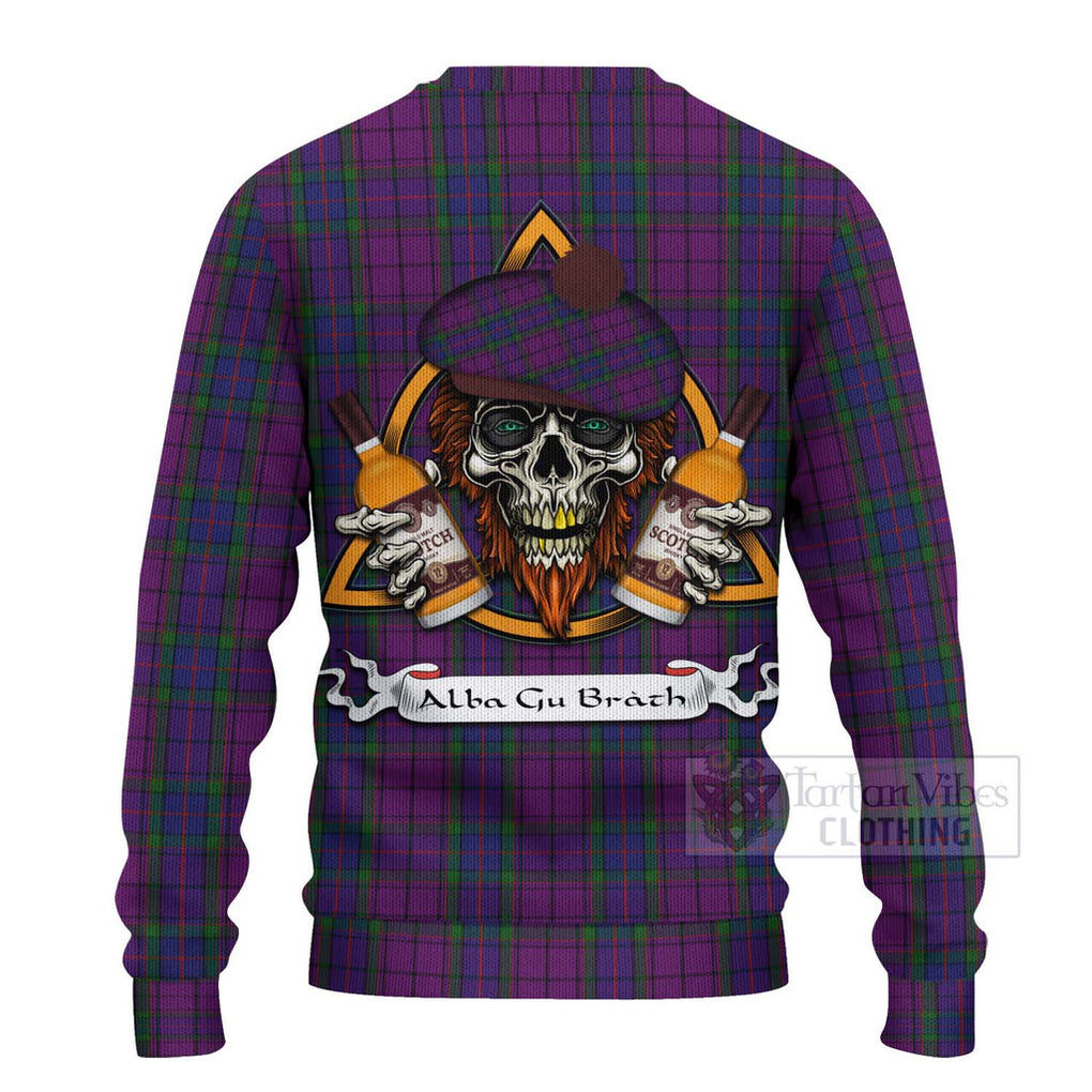 Tartan Vibes Clothing Wardlaw Tartan Knitted Sweater with Family Crest and Bearded Skull Holding Bottles of Whiskey