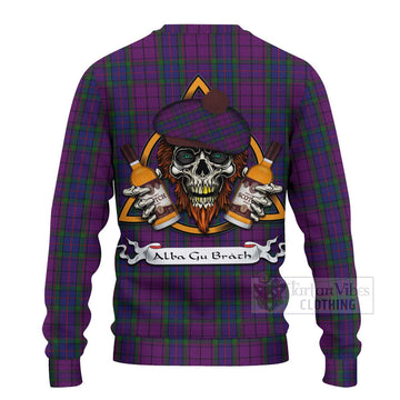 Wardlaw Tartan Ugly Sweater with Family Crest and Bearded Skull Holding Bottles of Whiskey