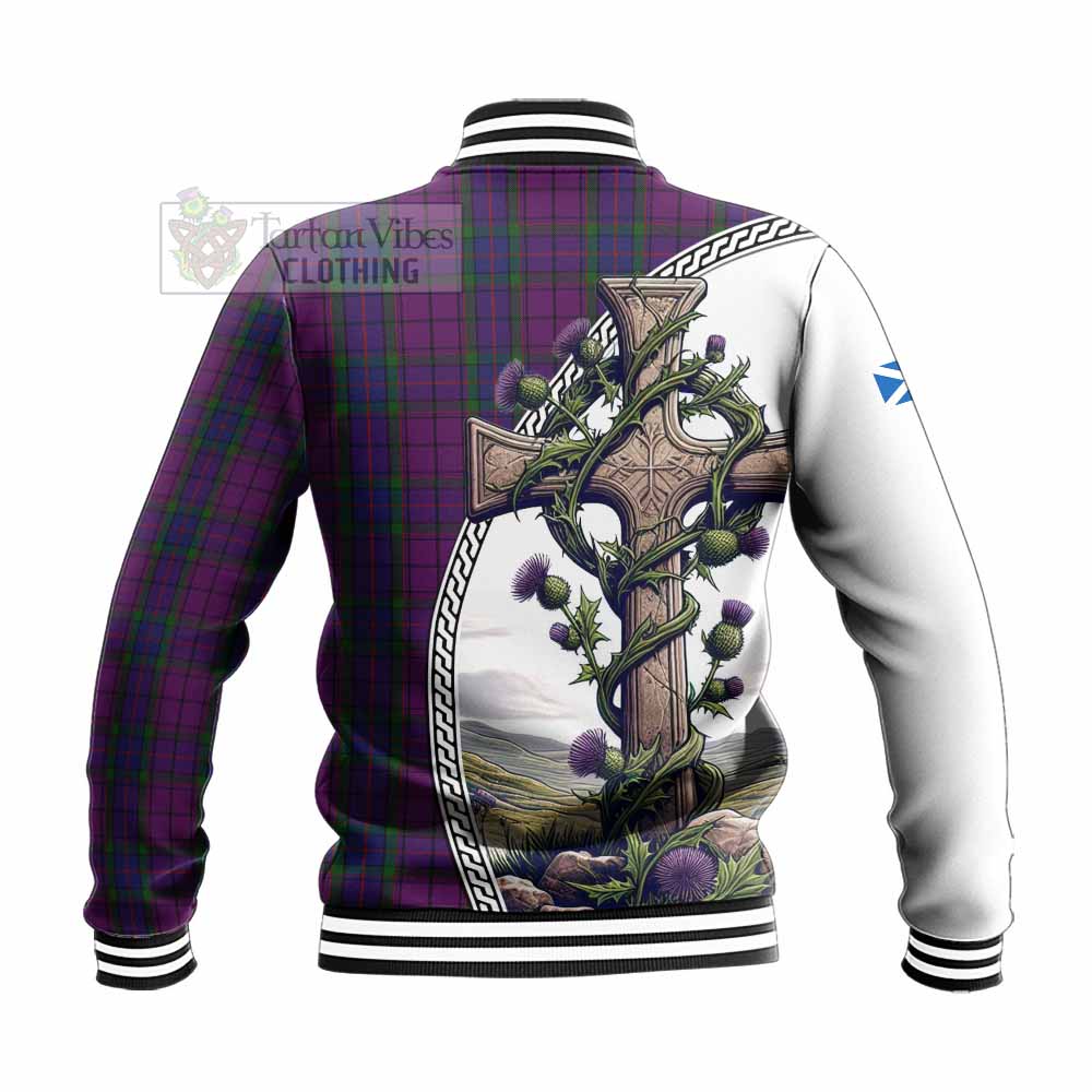 Tartan Vibes Clothing Wardlaw Tartan Baseball Jacket with Family Crest and St. Andrew's Cross Accented by Thistle Vines