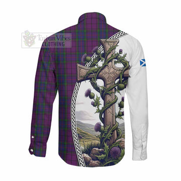 Wardlaw Tartan Long Sleeve Button Shirt with Family Crest and St. Andrew's Cross Accented by Thistle Vines