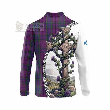 Wardlaw Tartan Long Sleeve Polo Shirt with Family Crest and St. Andrew's Cross Accented by Thistle Vines