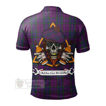 Wardlaw Tartan Polo Shirt with Family Crest and Bearded Skull Holding Bottles of Whiskey