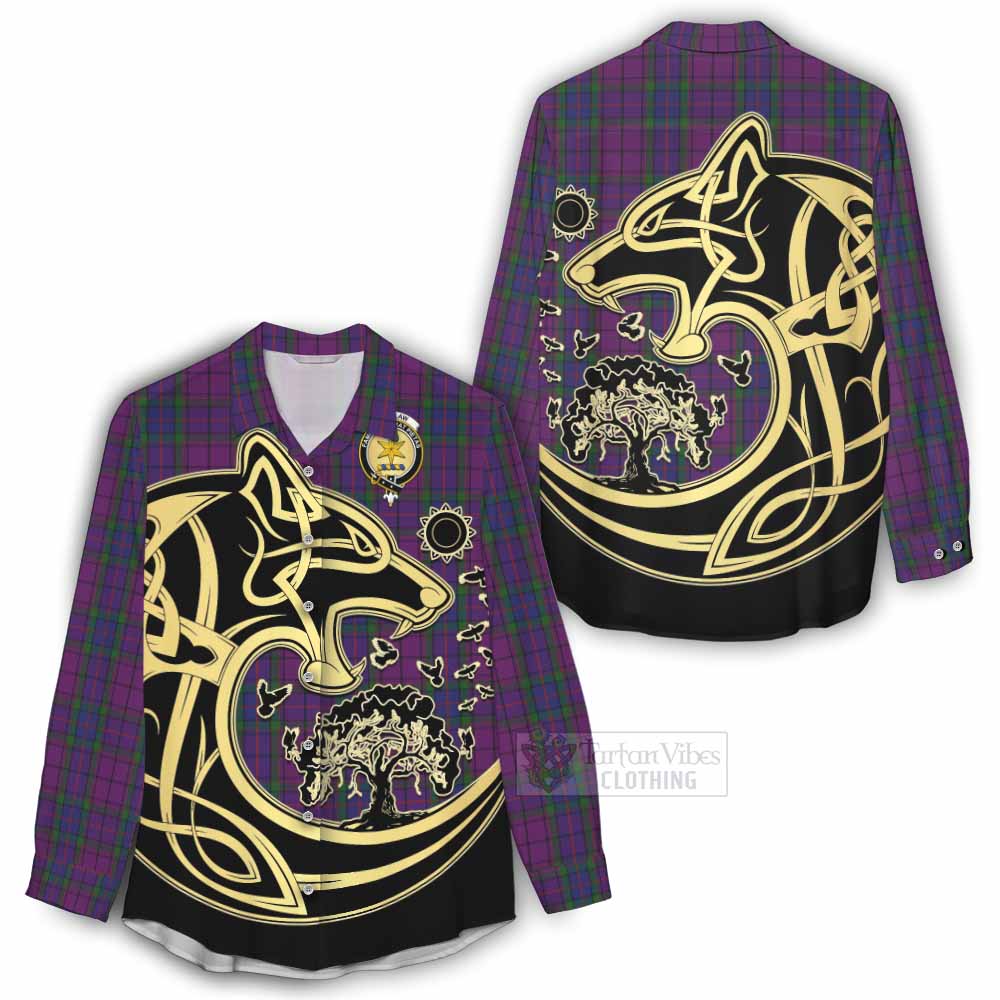 Tartan Vibes Clothing Wardlaw Tartan Women's Casual Shirt with Family Crest Celtic Wolf Style