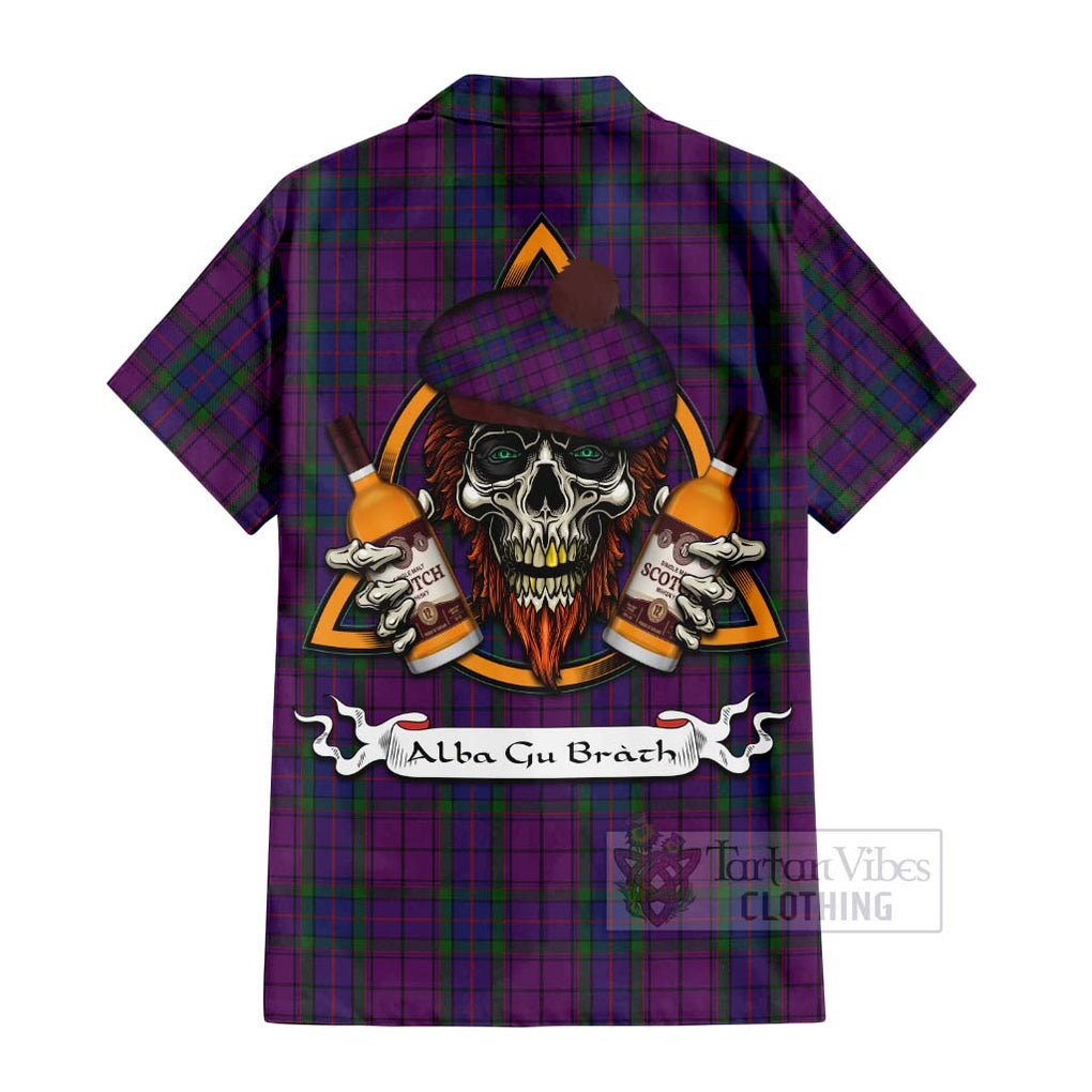 Tartan Vibes Clothing Wardlaw Tartan Short Sleeve Button Shirt with Family Crest and Bearded Skull Holding Bottles of Whiskey