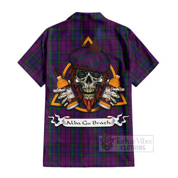 Wardlaw Tartan Short Sleeve Button Shirt with Family Crest and Bearded Skull Holding Bottles of Whiskey