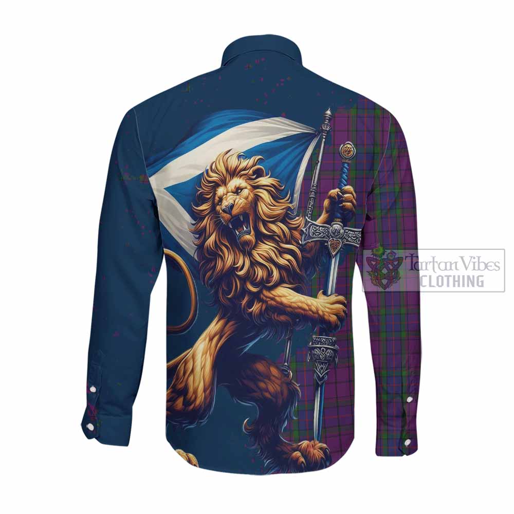 Tartan Vibes Clothing Wardlaw Tartan Family Crest Long Sleeve Button Shirt with Scottish Majestic Lion