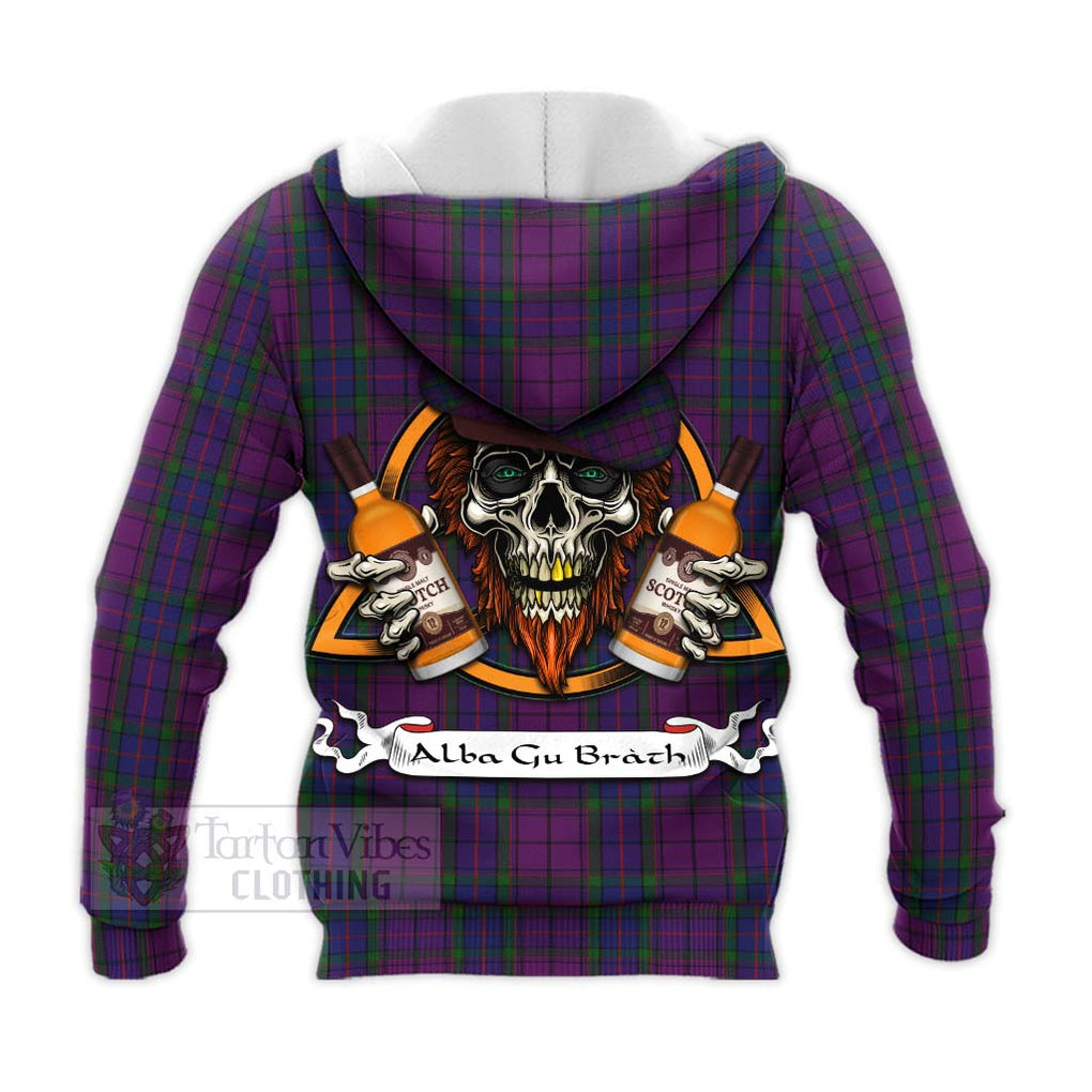 Tartan Vibes Clothing Wardlaw Tartan Knitted Hoodie with Family Crest and Bearded Skull Holding Bottles of Whiskey