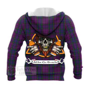 Wardlaw Tartan Knitted Hoodie with Family Crest and Bearded Skull Holding Bottles of Whiskey