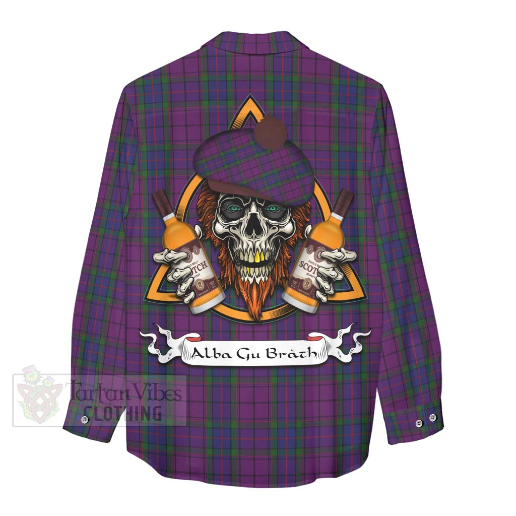 Tartan Vibes Clothing Wardlaw Tartan Women's Casual Shirt with Family Crest and Bearded Skull Holding Bottles of Whiskey