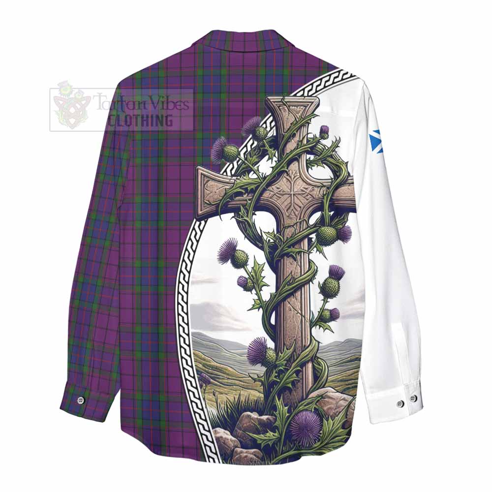 Tartan Vibes Clothing Wardlaw Tartan Women's Casual Shirt with Family Crest and St. Andrew's Cross Accented by Thistle Vines