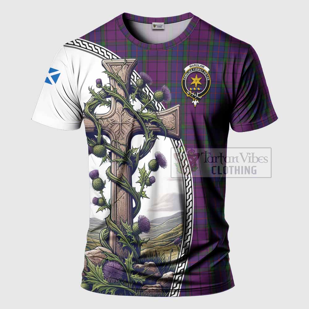 Tartan Vibes Clothing Wardlaw Agnew Tartan T-Shirt with Family Crest and St. Andrew's Cross Accented by Thistle Vines