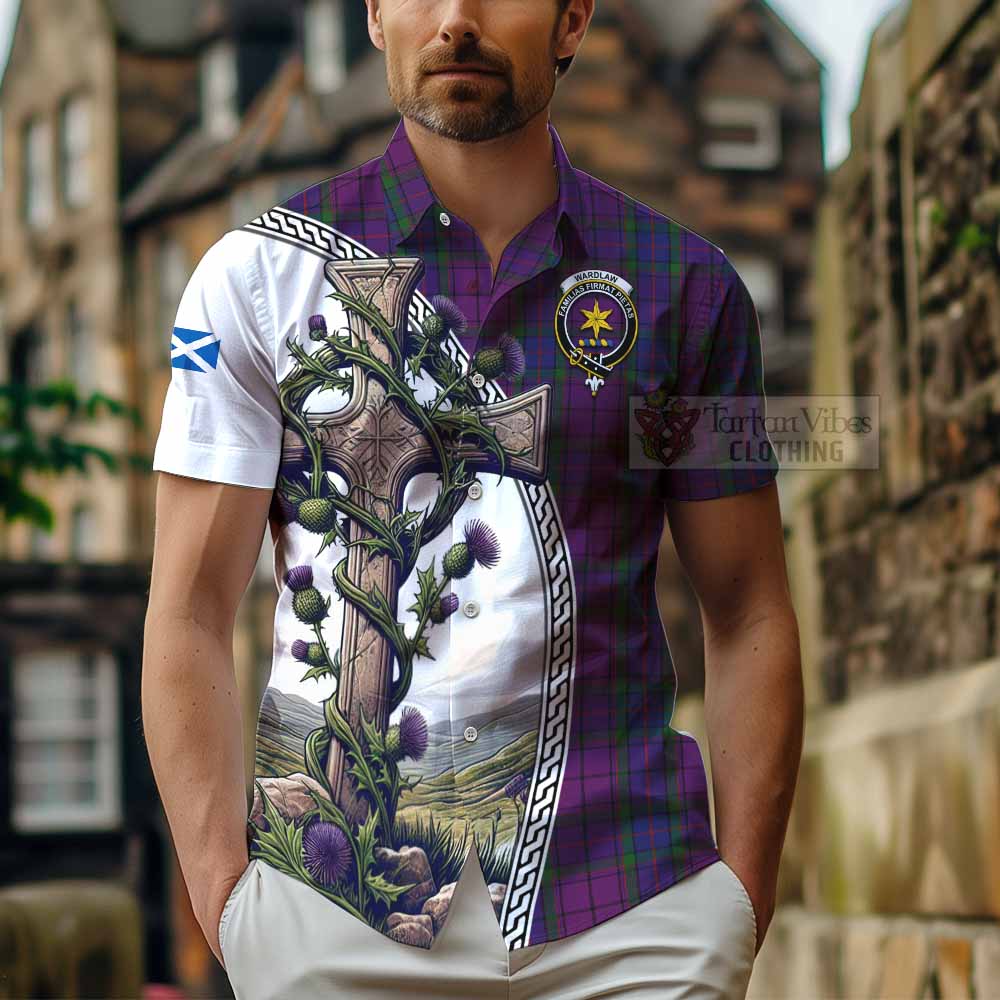 Tartan Vibes Clothing Wardlaw Tartan Short Sleeve Button Shirt with Family Crest and St. Andrew's Cross Accented by Thistle Vines