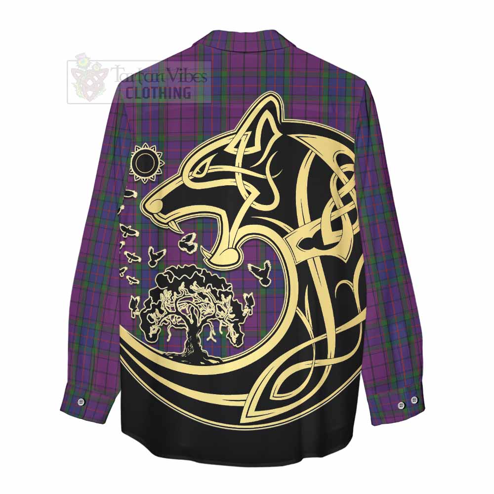 Tartan Vibes Clothing Wardlaw Tartan Women's Casual Shirt with Family Crest Celtic Wolf Style