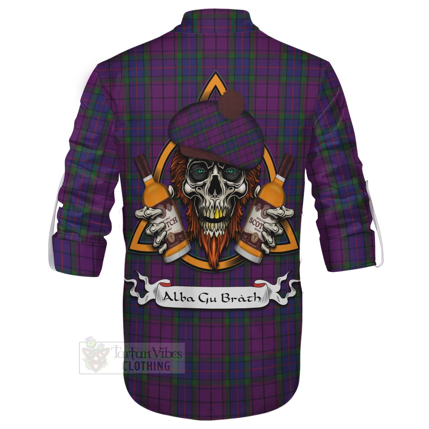 Tartan Vibes Clothing Wardlaw Tartan Ghillie Kilt Shirt with Family Crest and Bearded Skull Holding Bottles of Whiskey