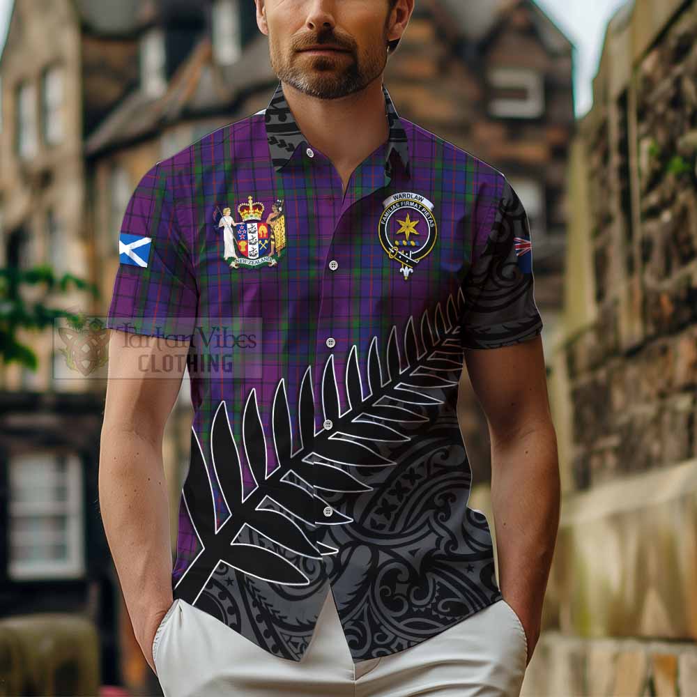 Tartan Vibes Clothing Wardlaw Crest Tartan Short Sleeve Button Shirt with New Zealand Silver Fern Half Style