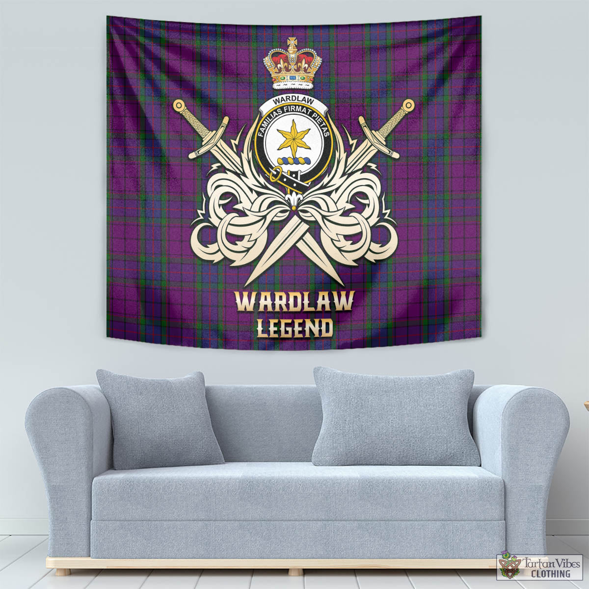 Tartan Vibes Clothing Wardlaw Tartan Tapestry with Clan Crest and the Golden Sword of Courageous Legacy