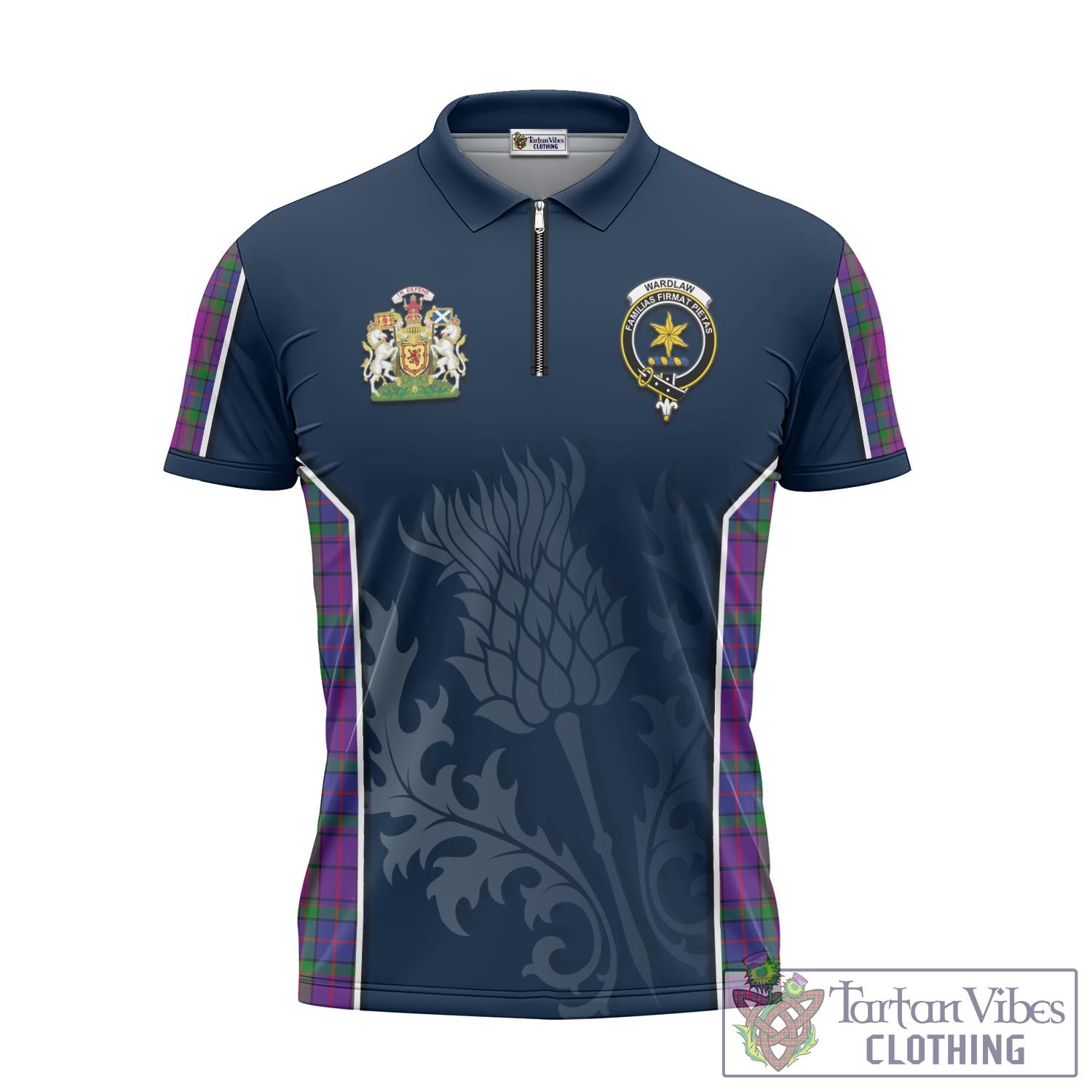 Tartan Vibes Clothing Wardlaw Modern Tartan Zipper Polo Shirt with Family Crest and Scottish Thistle Vibes Sport Style