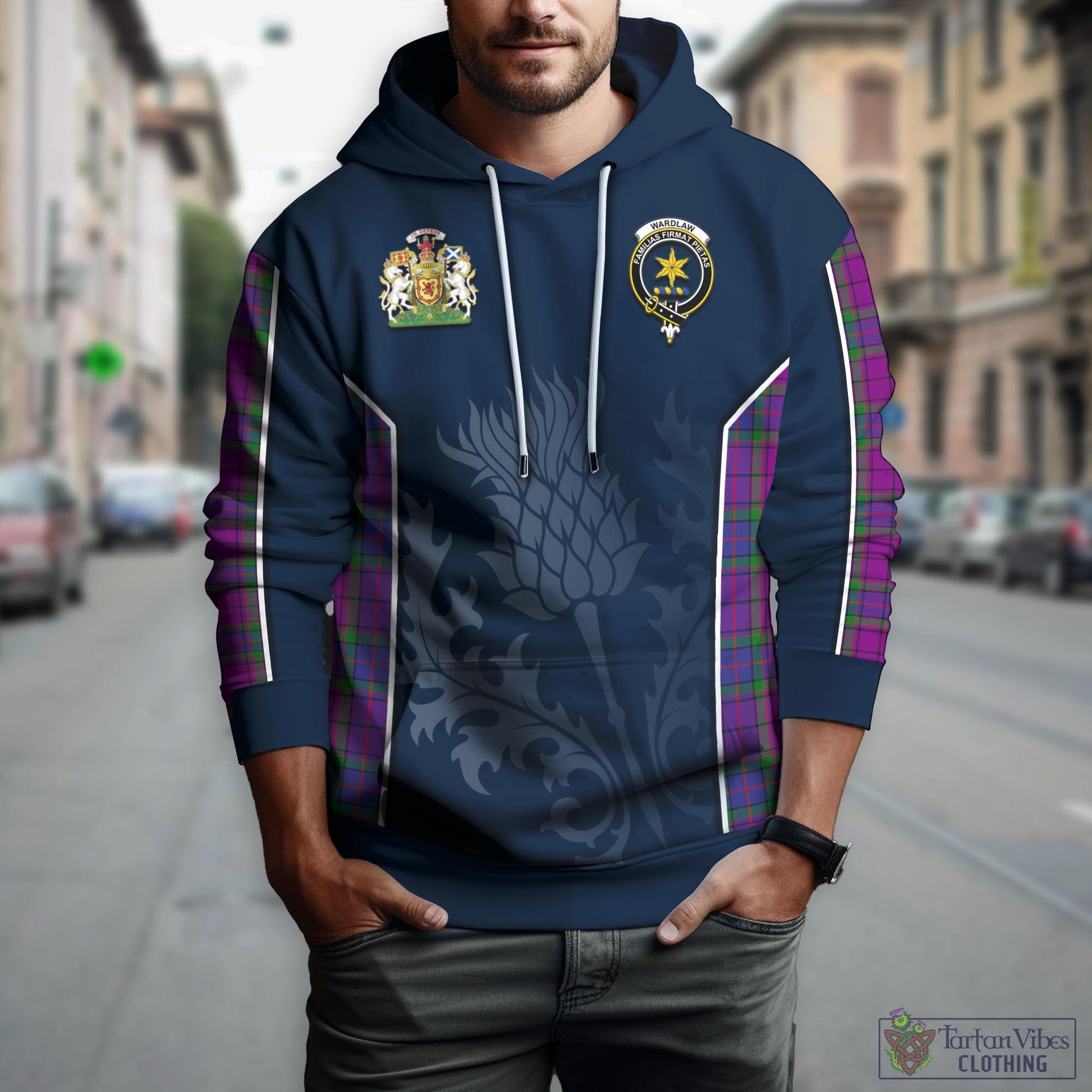 Tartan Vibes Clothing Wardlaw Modern Tartan Hoodie with Family Crest and Scottish Thistle Vibes Sport Style