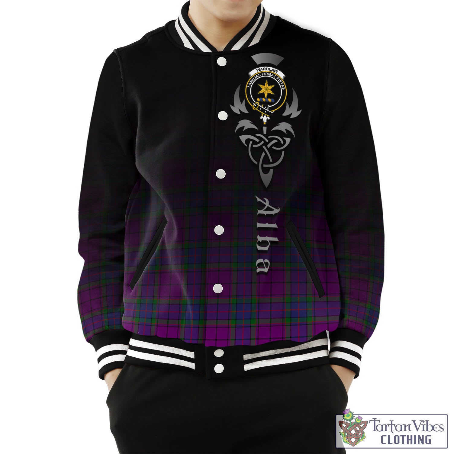 Tartan Vibes Clothing Wardlaw Modern Tartan Baseball Jacket Featuring Alba Gu Brath Family Crest Celtic Inspired