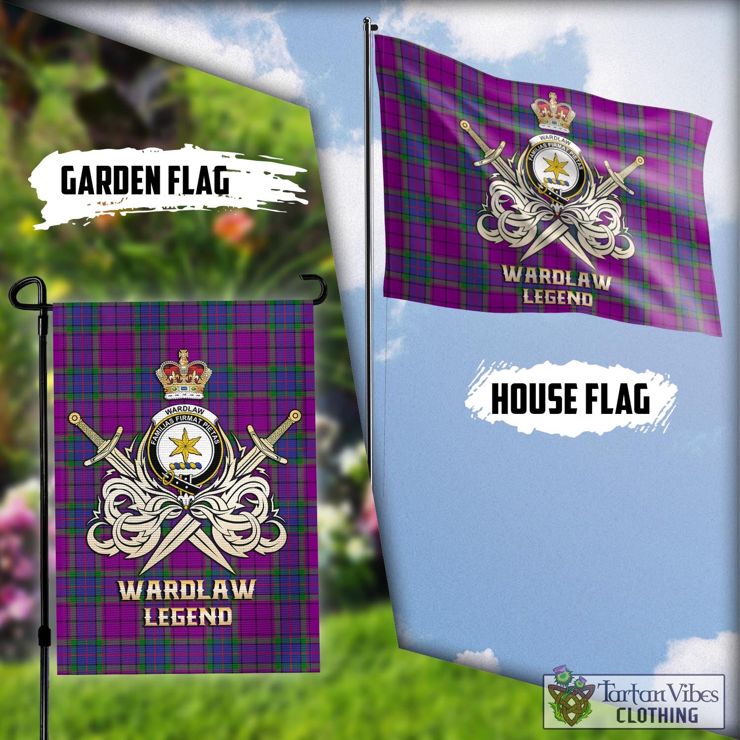 Tartan Vibes Clothing Wardlaw Modern Tartan Flag with Clan Crest and the Golden Sword of Courageous Legacy