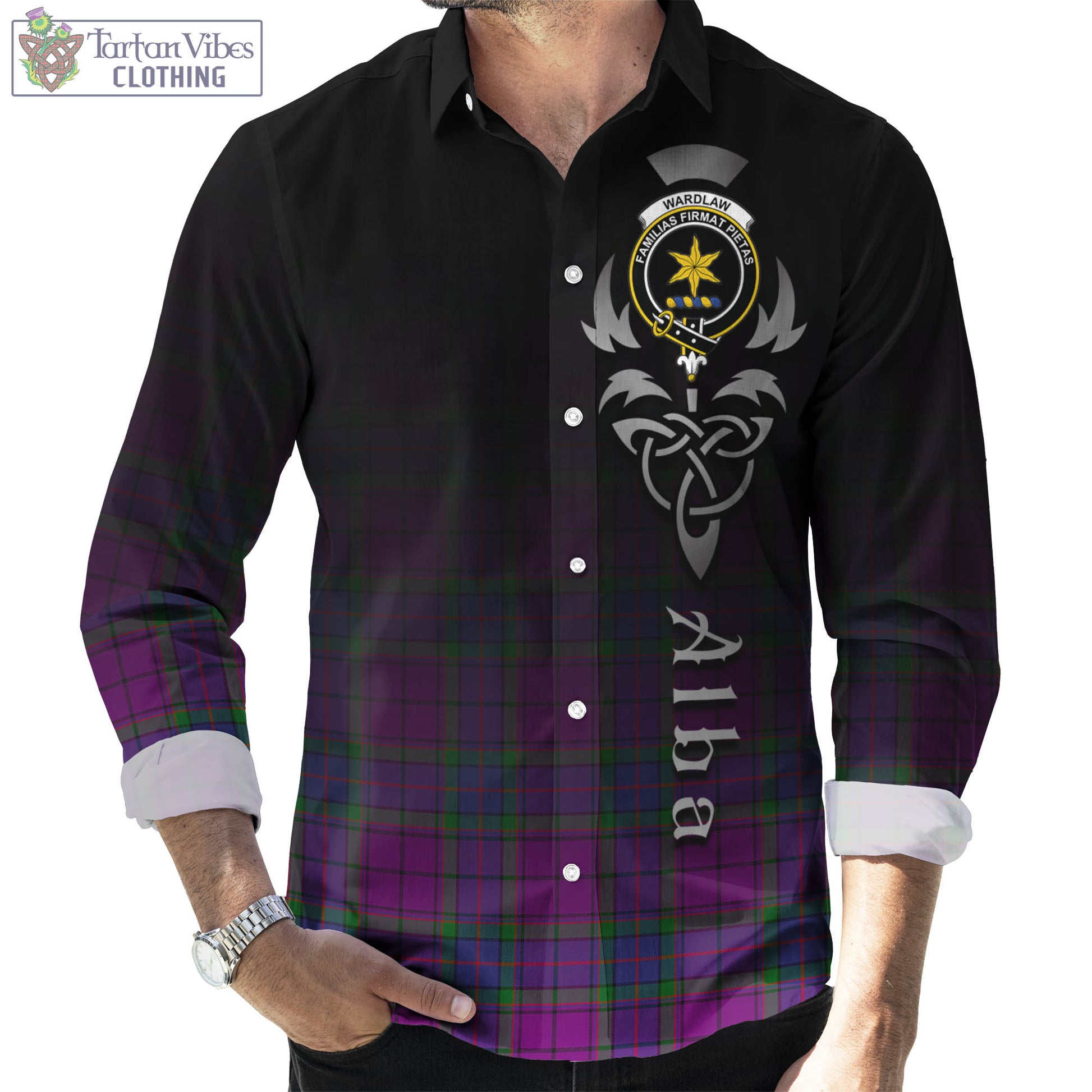 Tartan Vibes Clothing Wardlaw Modern Tartan Long Sleeve Button Up Featuring Alba Gu Brath Family Crest Celtic Inspired